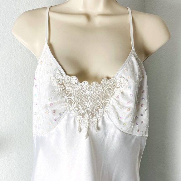 Vintage White Satin Midi Babydoll Slip Dress Lace Sequins Beaded - Picture 5 of 14